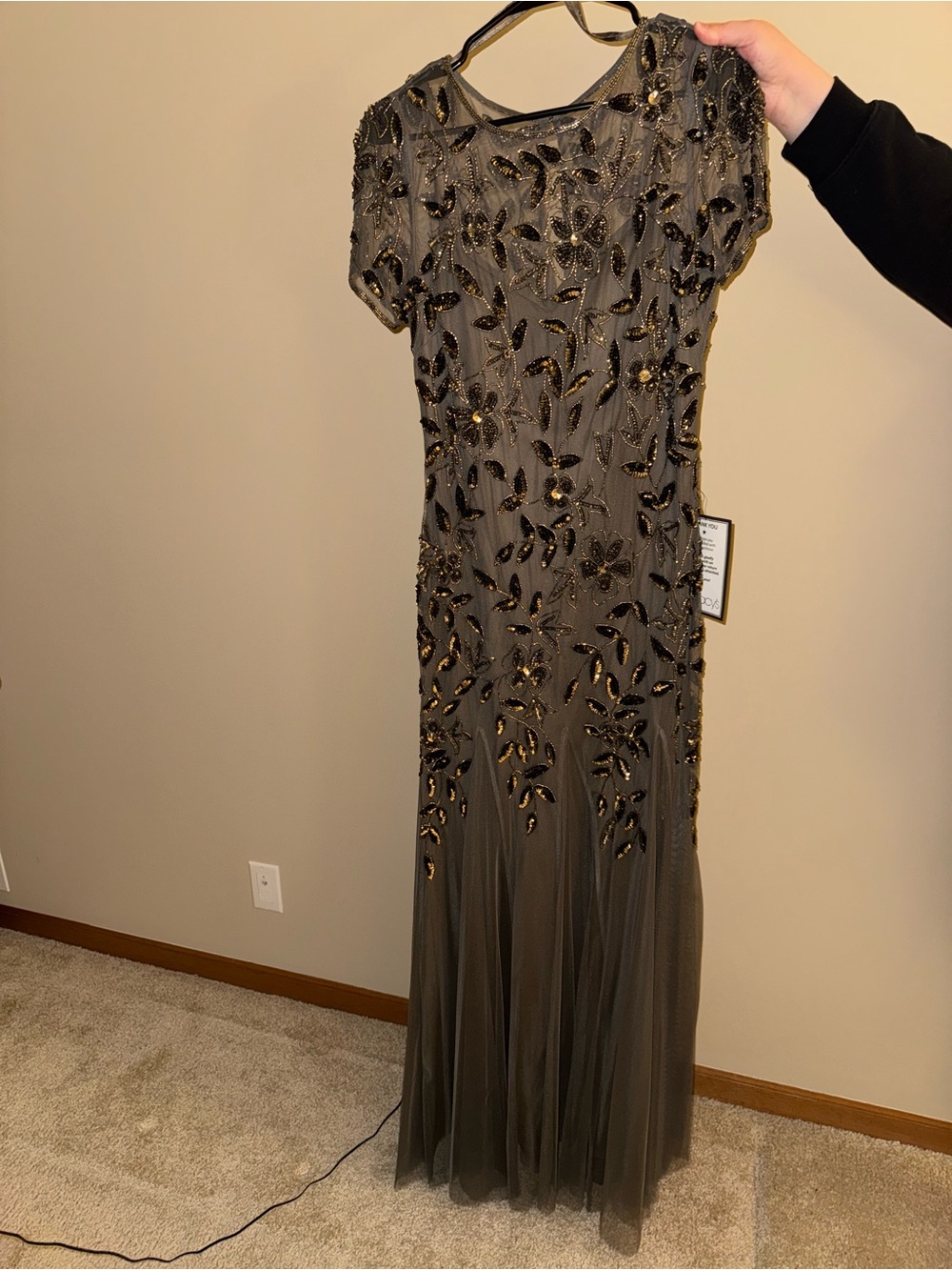 Adrianna Papell Olive Green Beaded Evening Gown